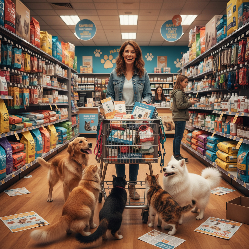 Happy Pet Owner with Shopping Cart Full of Deals